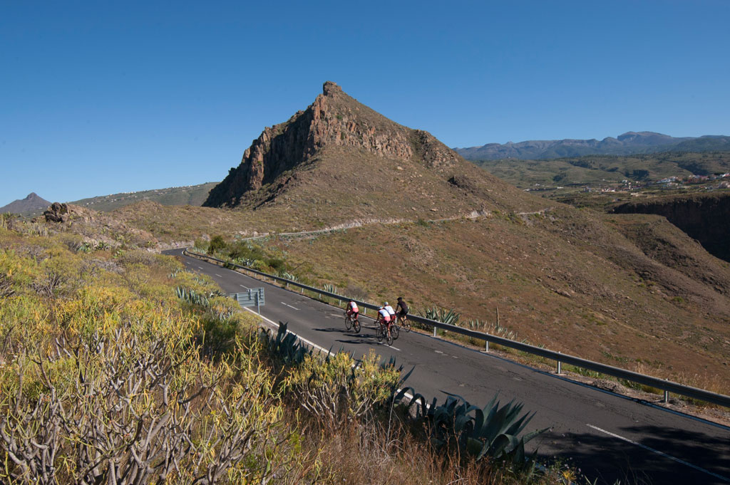 Cyclists on mountainous road in Tenerife with arid landscape and mountains in the background.