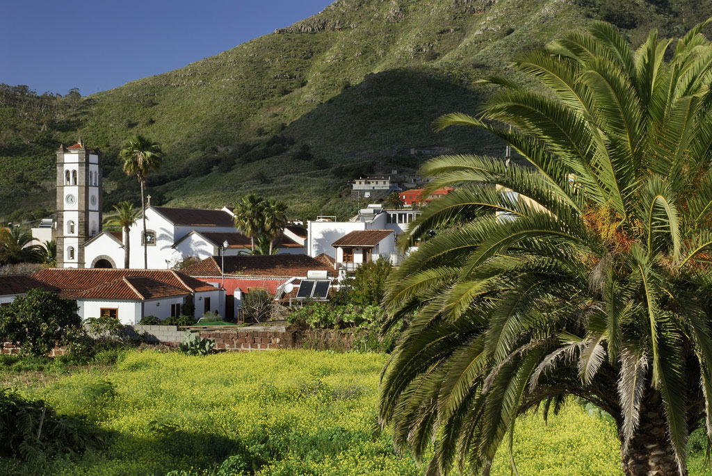 Taganana landscape in Tenerife with church and green palm trees in front of mountains.