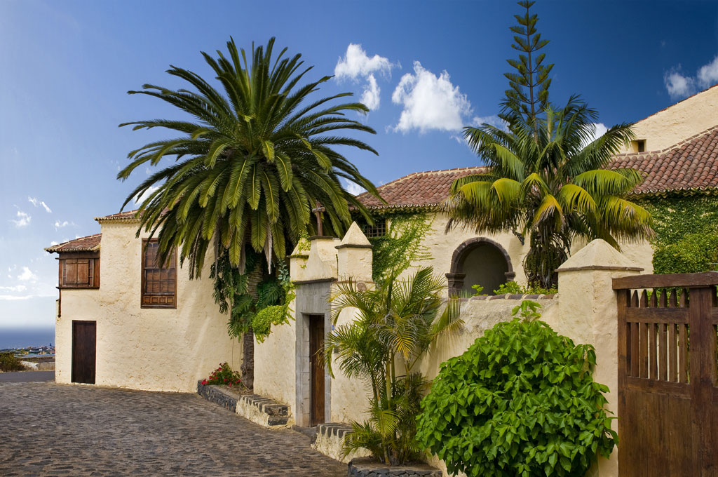 Historic house with palm trees in La Orotava, Tenerife. Clear sky and stone wall.