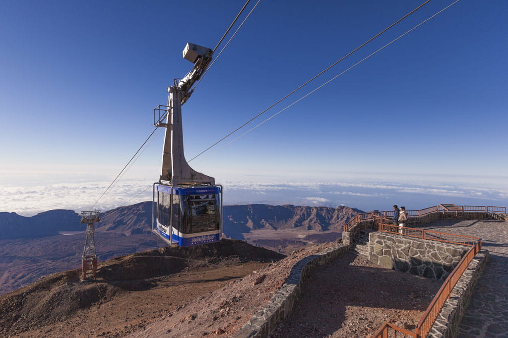 Teide cable car in Tenerife over volcanic landscape and viewpoint.