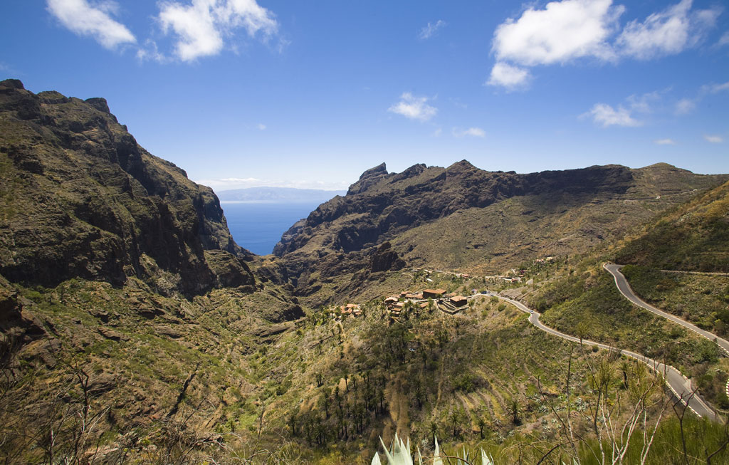 Mountainous valley of Masca in Tenerife with winding road.