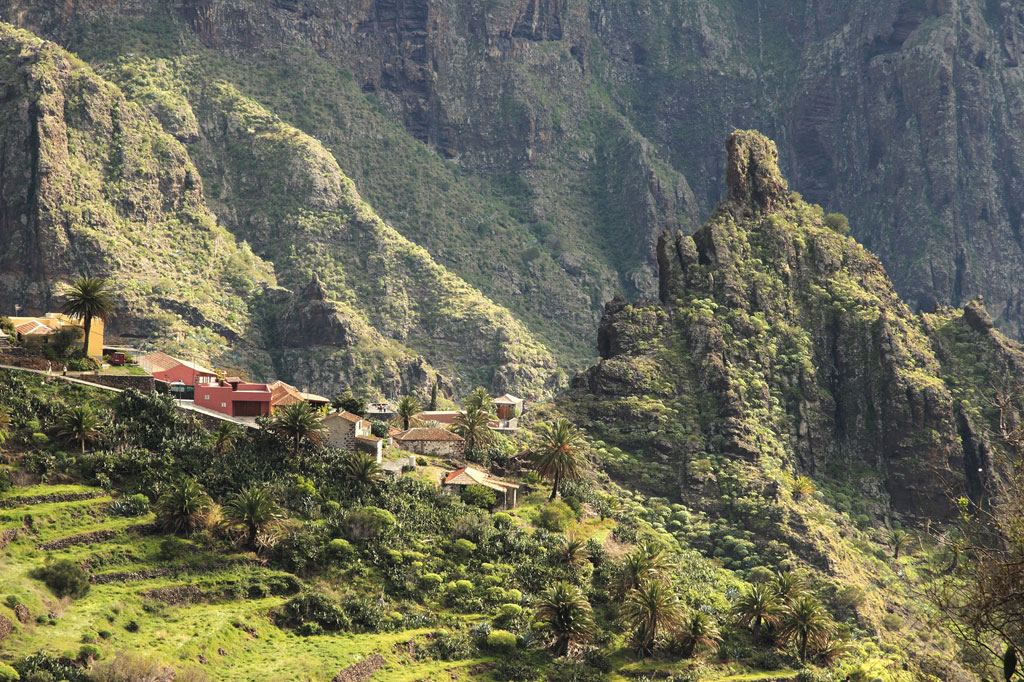 Masca village in Tenerife surrounded by green mountains and scattered houses.