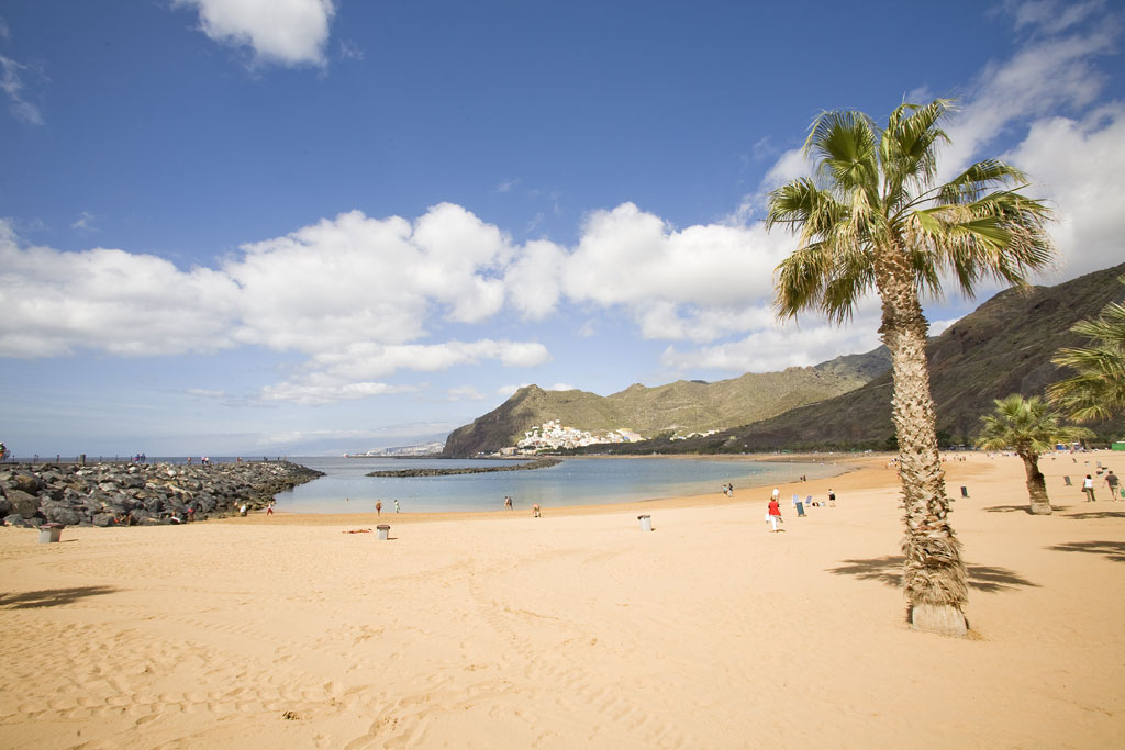 Las Teresitas beach with mountains and palm trees in the background in Tenerife.
