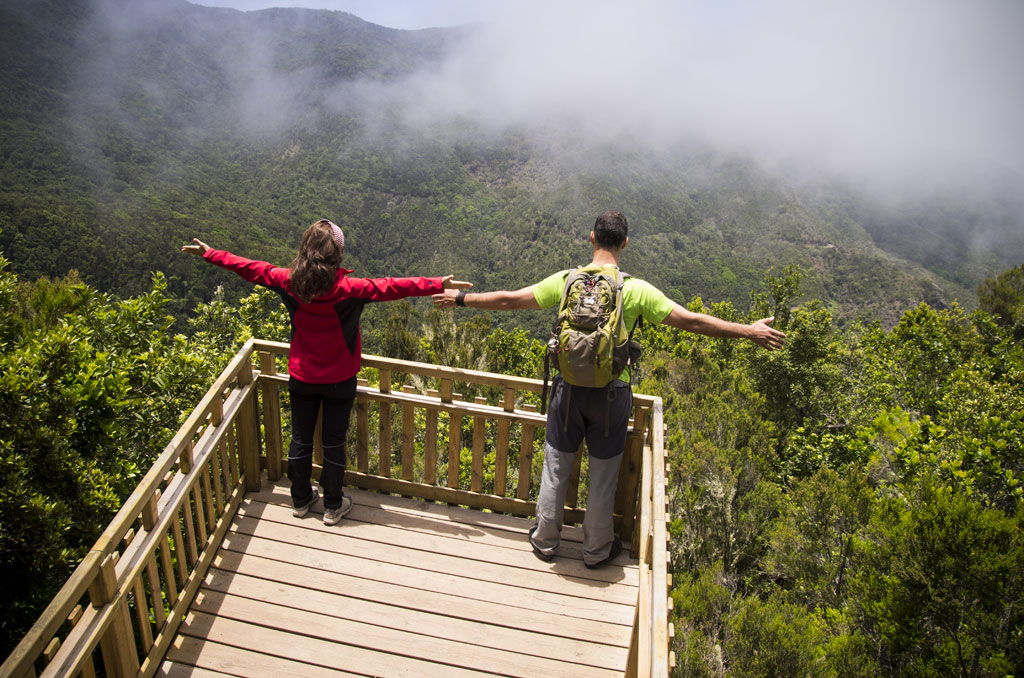 Two people with backpacks at a viewpoint in the forest in Tenerife.