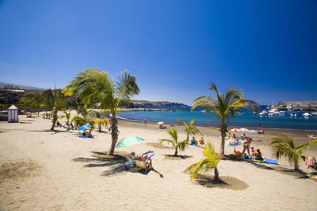 Los Cristianos beach in Tenerife with palm trees and bathers under umbrellas.