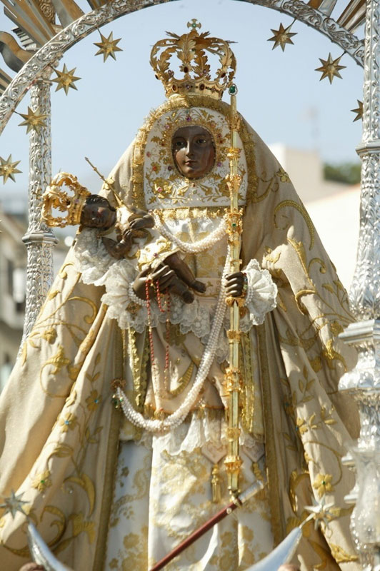 Virgen del Carmen with crown and mantle, holding the baby Jesus, in Tenerife.