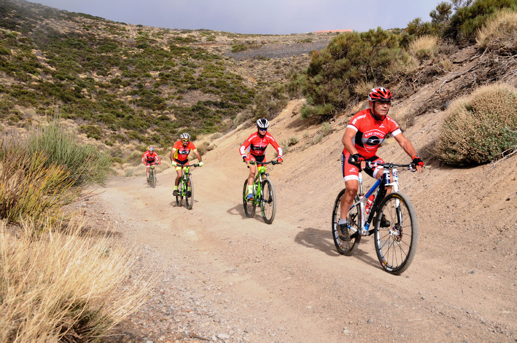 Cyclists on mountain trails in Tenerife.