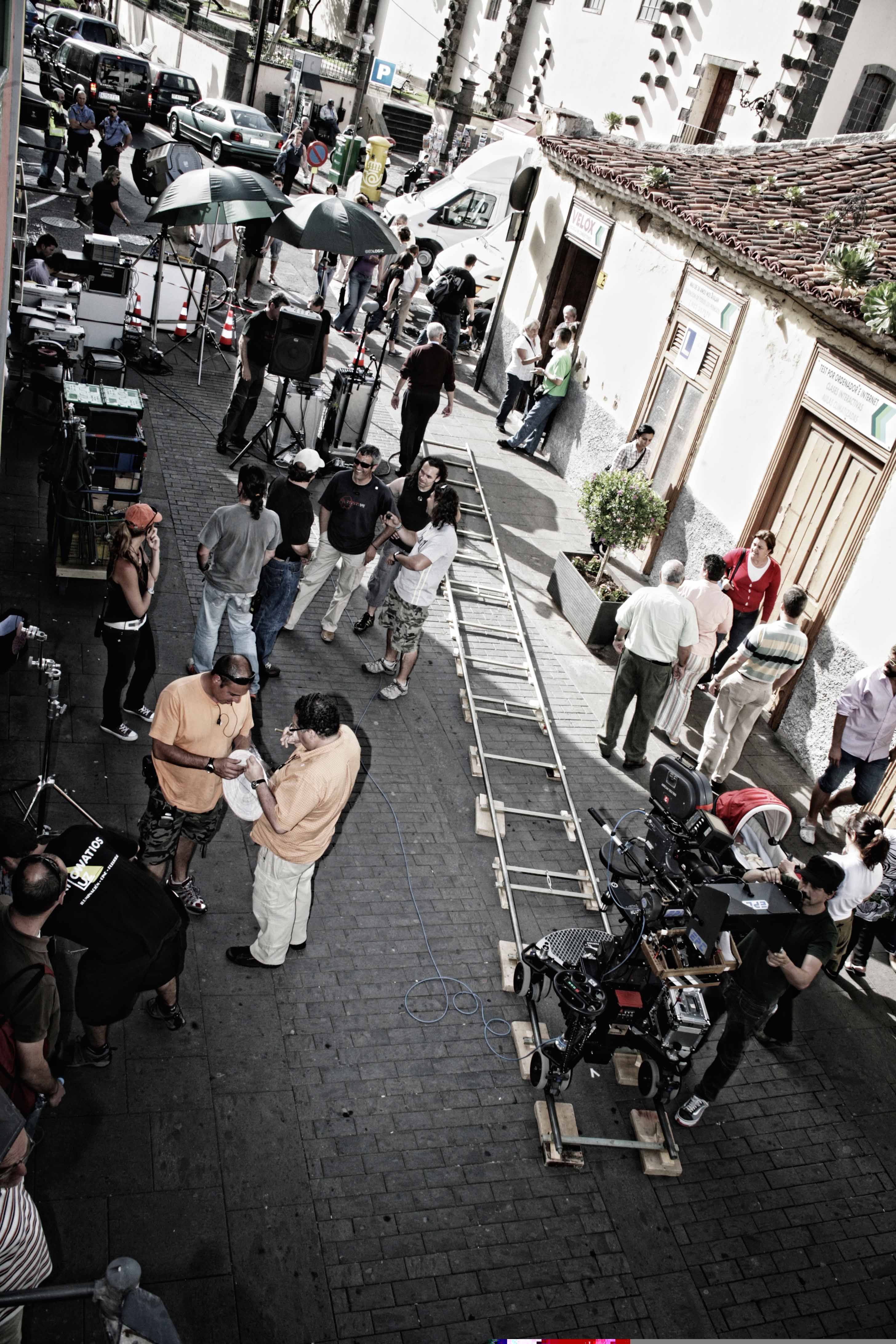 Film crew working on a street in La Orotava, Tenerife.
