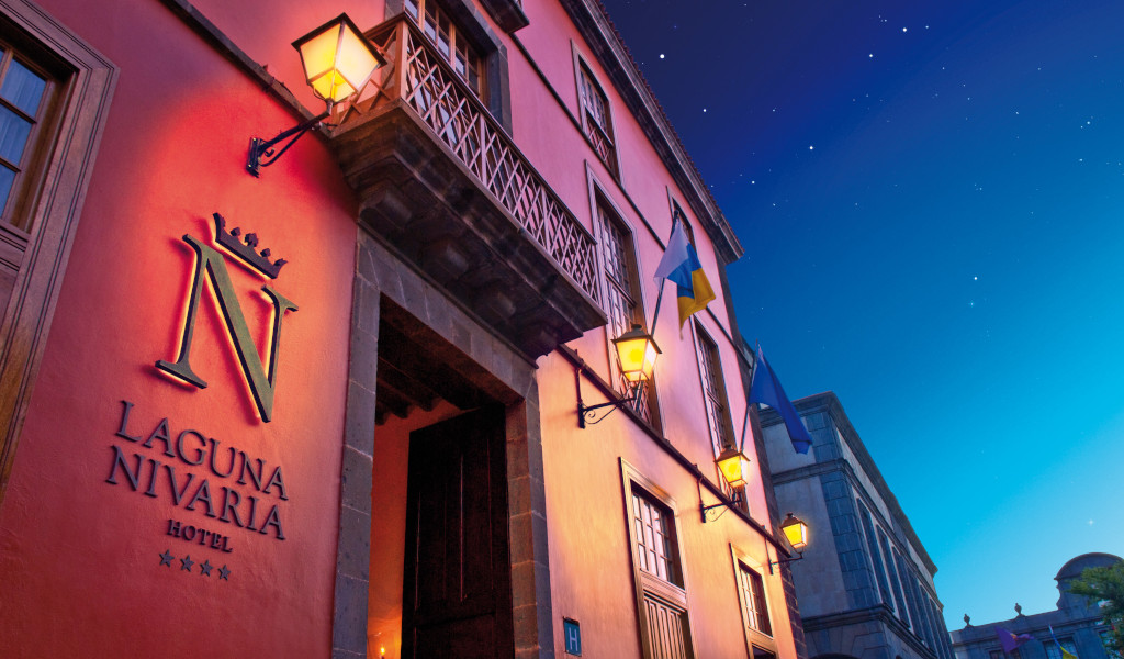 Façade of the Laguna Nivaria hotel in La Laguna, Tenerife, with a starry sky.