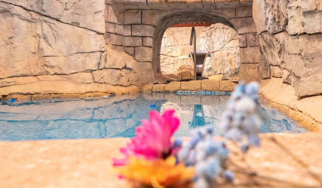 Indoor pool with rock walls and flowers in front in Tenerife.