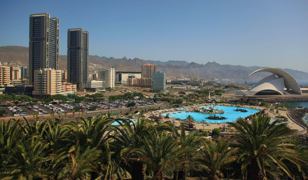 Panoramic view of Santa Cruz de Tenerife with modern buildings and Auditorio de Tenerife.