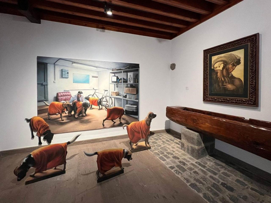 Dogs in orange clothes and paintings in a gallery in La Orotava.
