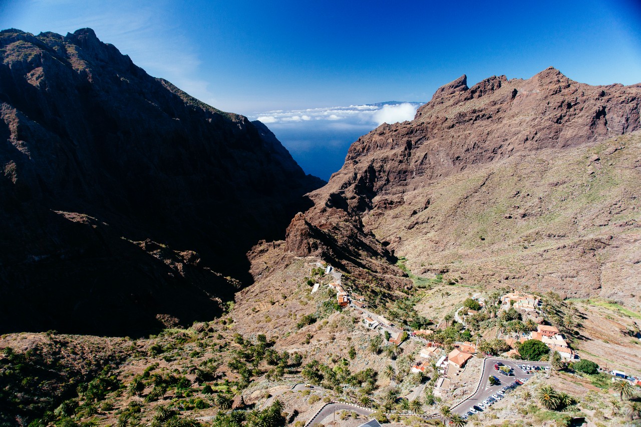 Mountains and houses in the Masca ravine, Tenerife.