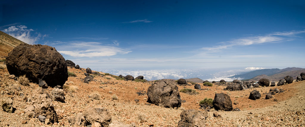Rocky landscape in Teide National Park, Tenerife, with clear skies.