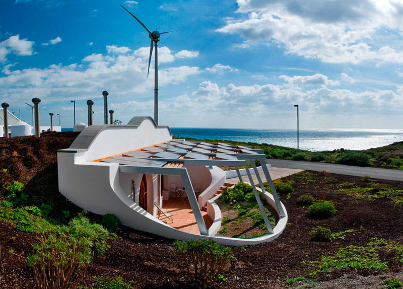 Sustainable building with wind turbine and sea views in Tenerife.