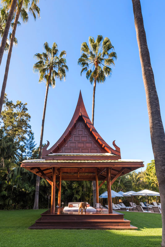 Wooden building with a pointed roof, surrounded by palm trees in Tenerife.