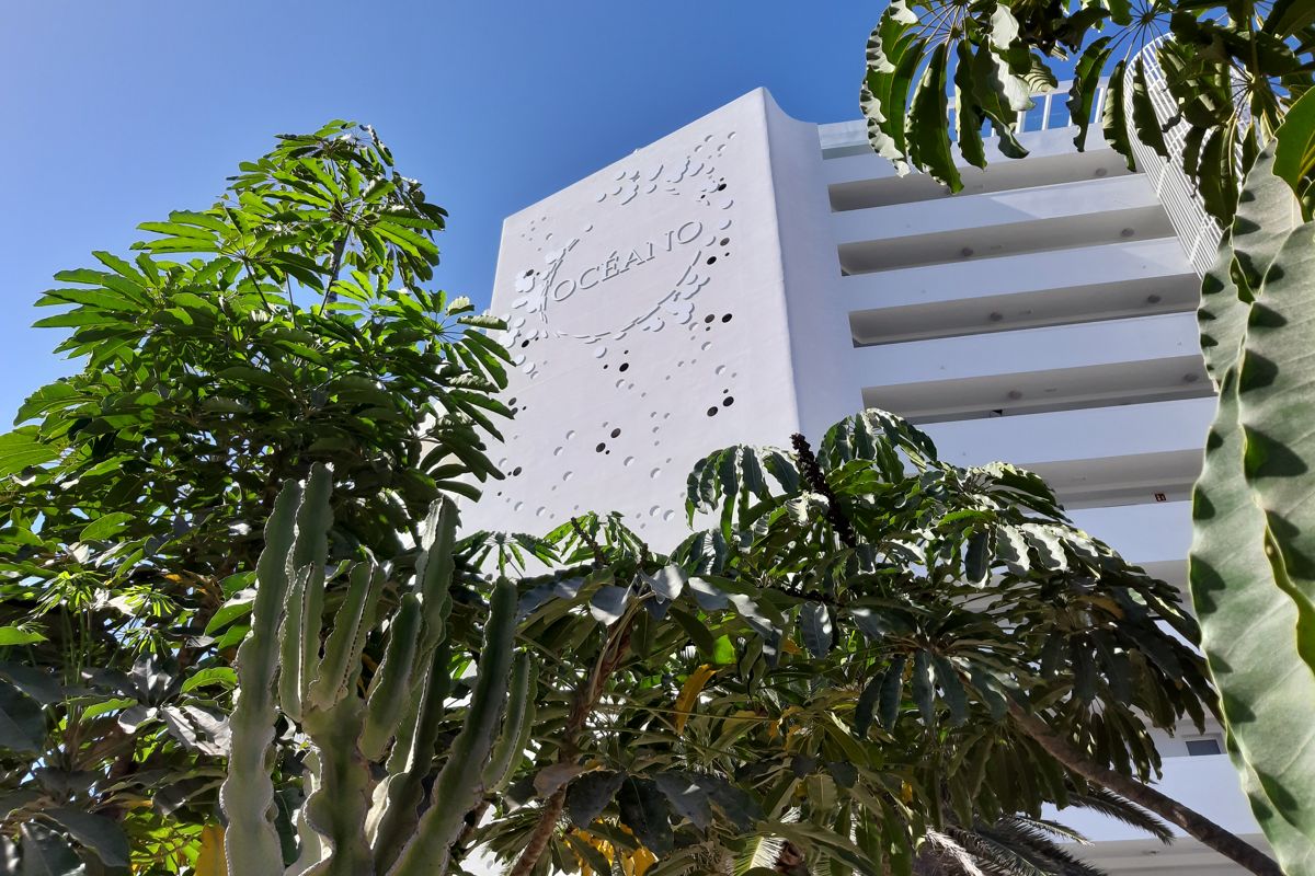 Ocean building surrounded by palm trees in Tenerife.