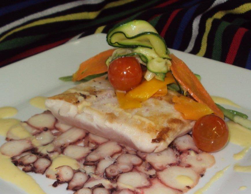 Spanish Recipe: grilled fish with octopus carpaccio and corn sauce